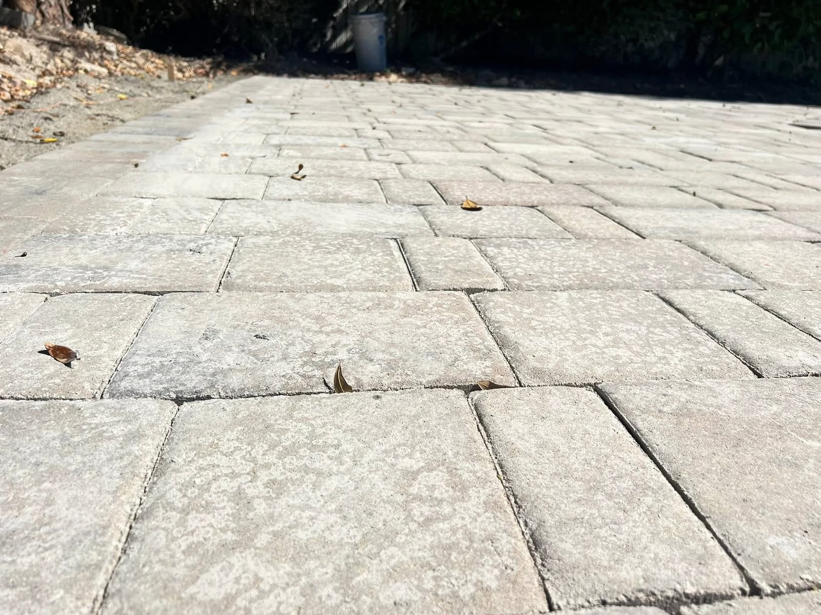 Close-up of grey concrete pavers laid in running bond