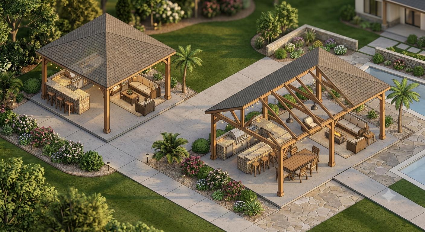Design rendering of two cedar pavilions with outdoor kitchens in a landscaped backyard