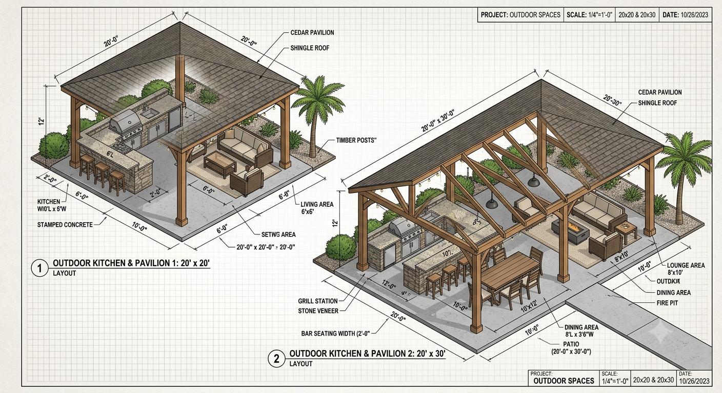 Dimensioned layout of a 20 by 20 cedar pavilion with an outdoor kitchen