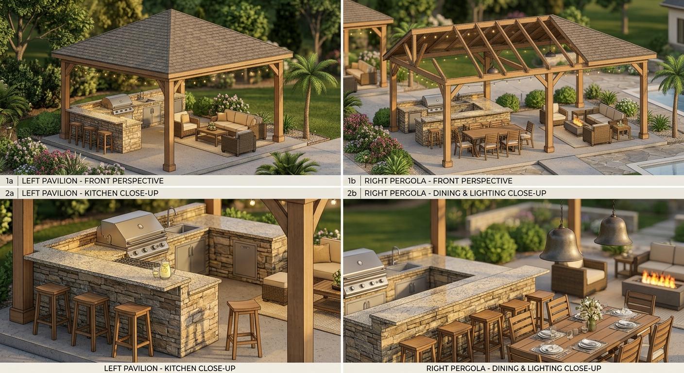 Rendered views of a 20 by 30 cedar pavilion with outdoor kitchen, dining area and lighting