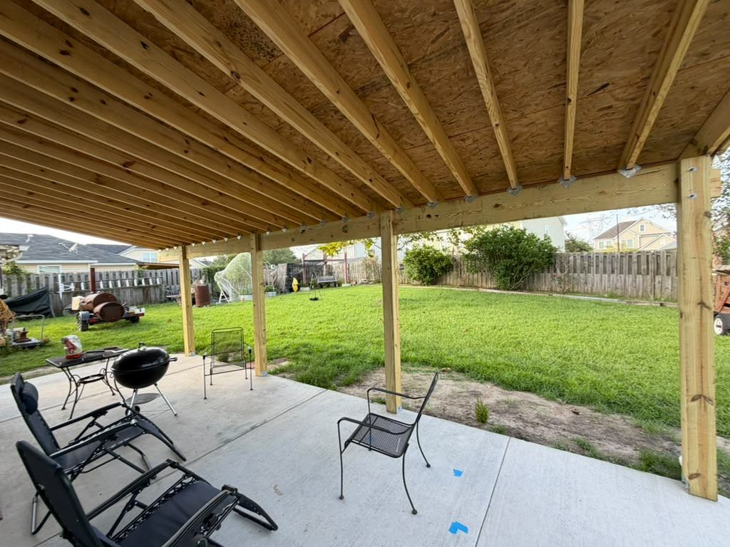 View out to the backyard from under the new porch
